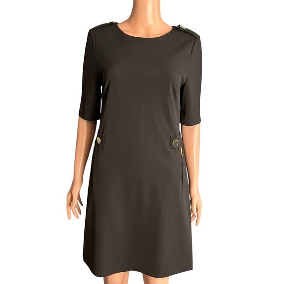 Calvin Klein Black Career Knit Dress Sz 8 Gold Hardware Business Academia Date - Picture 1 of 6